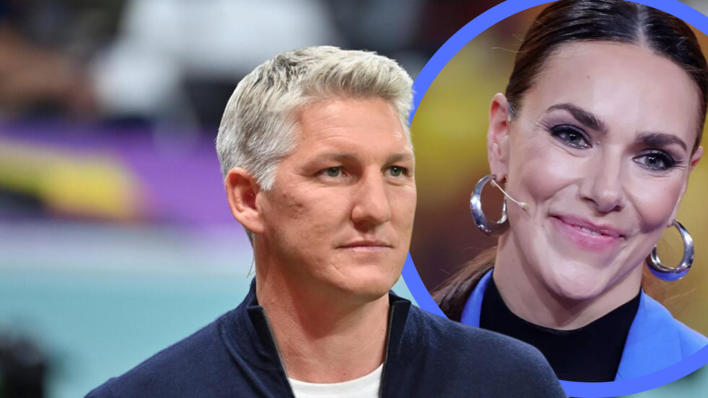 alt="Das Experten-Duo Bastian Schweinsteiger und Esther Sedlaczek live bei der Fußballübertragung"